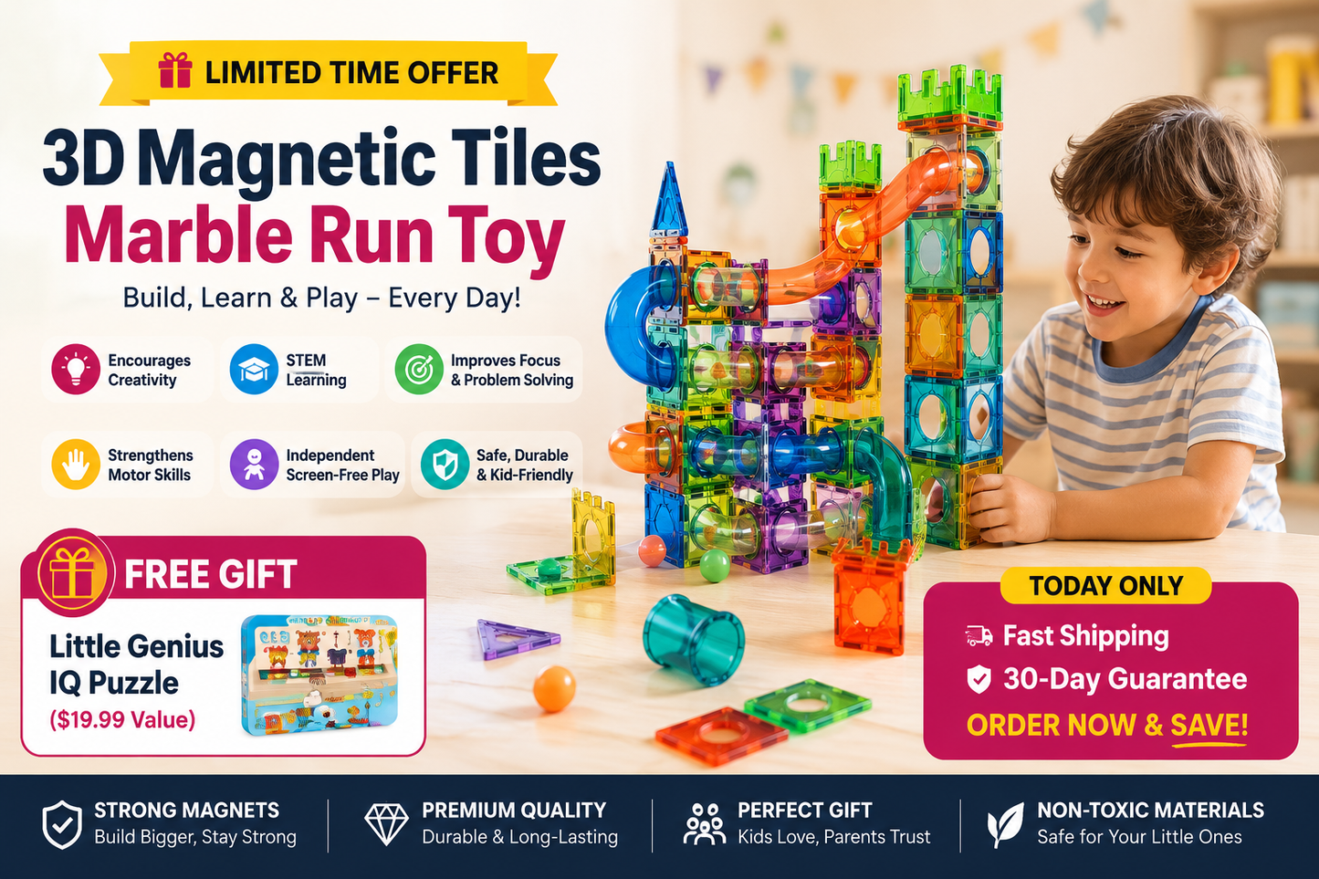 3D Magnetic Tiles Marble Run Toy