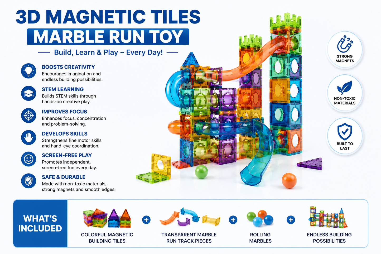 3D Magnetic Tiles Marble Run Toy
